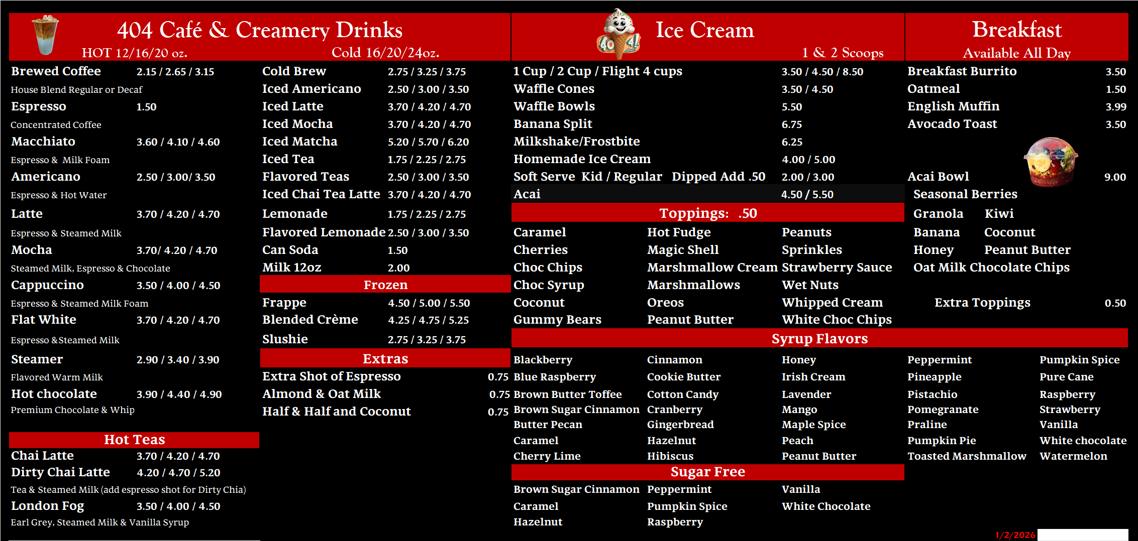 404 Cafe & Creamery menu board with drink prices and options